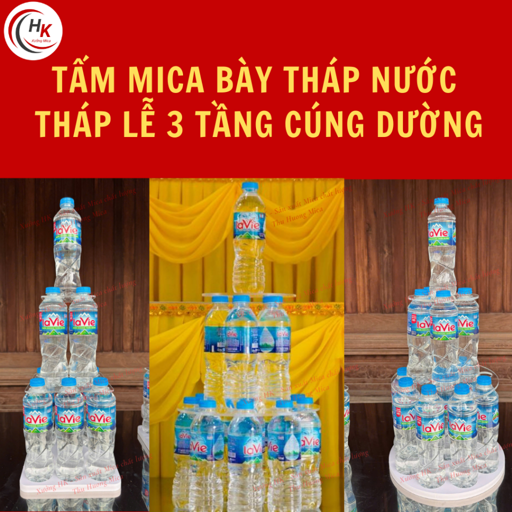 Tháp Nước Mica 3 Tầng - Khay Mica Xếp Tháp Cúng Dường -  Tháp Đế Nước Lễ Cúng Đền, Chùa