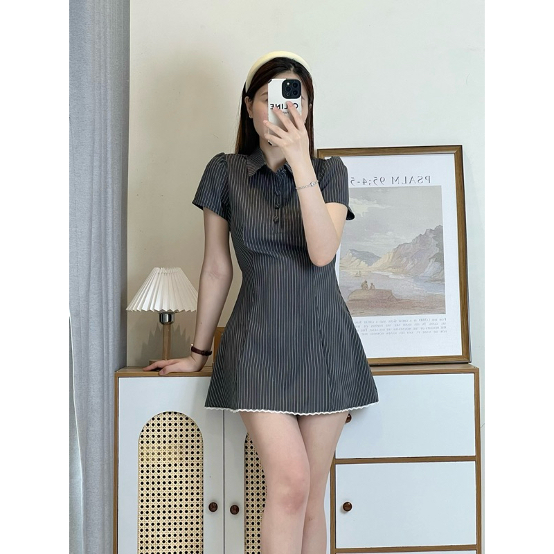 Lily.clothes- (Sẵn) Váy sơ mi kẻ sọc viền ren dáng ngắn cúc bọc khoá kéo sau lưng kèm quần bảo hộ rời (V02) | BigBuy360 - bigbuy360.vn