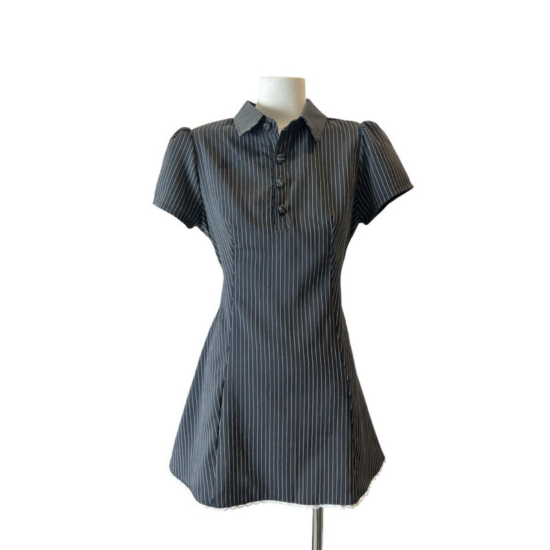 Lily.clothes- (Sẵn) Váy sơ mi kẻ sọc viền ren dáng ngắn cúc bọc khoá kéo sau lưng kèm quần bảo hộ rời (V02) | BigBuy360 - bigbuy360.vn