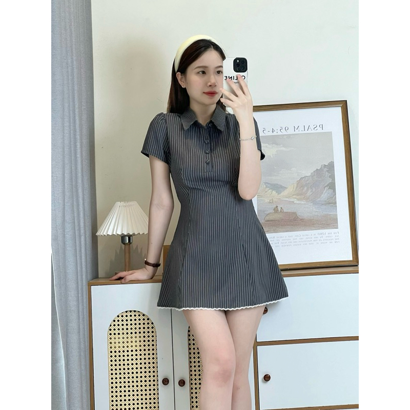 Lily.clothes- (Sẵn) Váy sơ mi kẻ sọc viền ren dáng ngắn cúc bọc khoá kéo sau lưng kèm quần bảo hộ rời (V02) | BigBuy360 - bigbuy360.vn