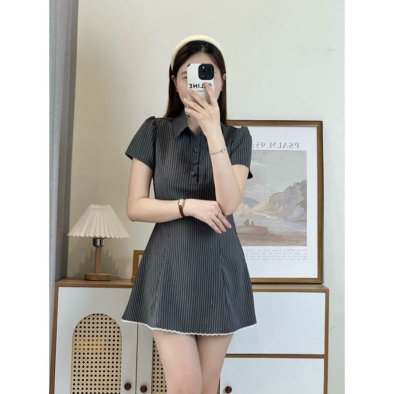 Lily.clothes- (Sẵn) Váy sơ mi kẻ sọc viền ren dáng ngắn cúc bọc khoá kéo sau lưng kèm quần bảo hộ rời (V02) | BigBuy360 - bigbuy360.vn