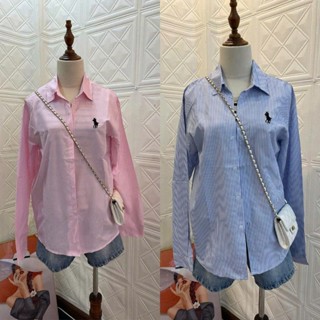 Áo sơ mi dài tay, sơ mi nam nữ kẻ sọc thêu ngực họa tiết ngựa đơn giản vải cotton lụa mềm thoáng mát