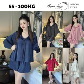  Set BỘ NGỦ nữ bigsize chất liệu lụa satin tay lửng  kèm quần phối viền ren thoải mái hot trend Huyền Lucy Bigsize 