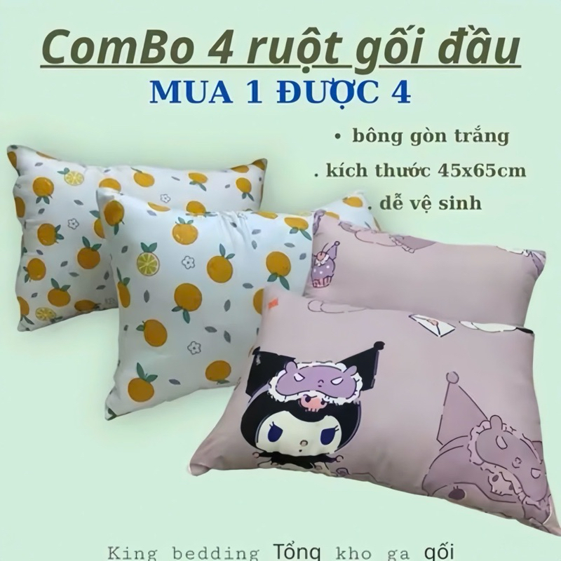 Combo 4 ruột gối đầu nhiều màu, bông gòn trắng, kích thước 45x65cm
