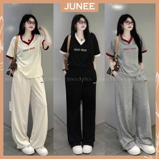  Set Bộ Đồ Nữ Áo Phông MIU Cổ Chữ V Phối Viền Mix Quần Dài Suông Ống Rộng Freesize 