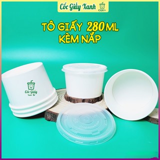 50 Tô Bát Giấy 280ml Trắng Trơn CÓ NẮP, Dùng 1 Lần, Giấy 2 Lớp PE Siêu Dày Dặn, Cứng Cáp