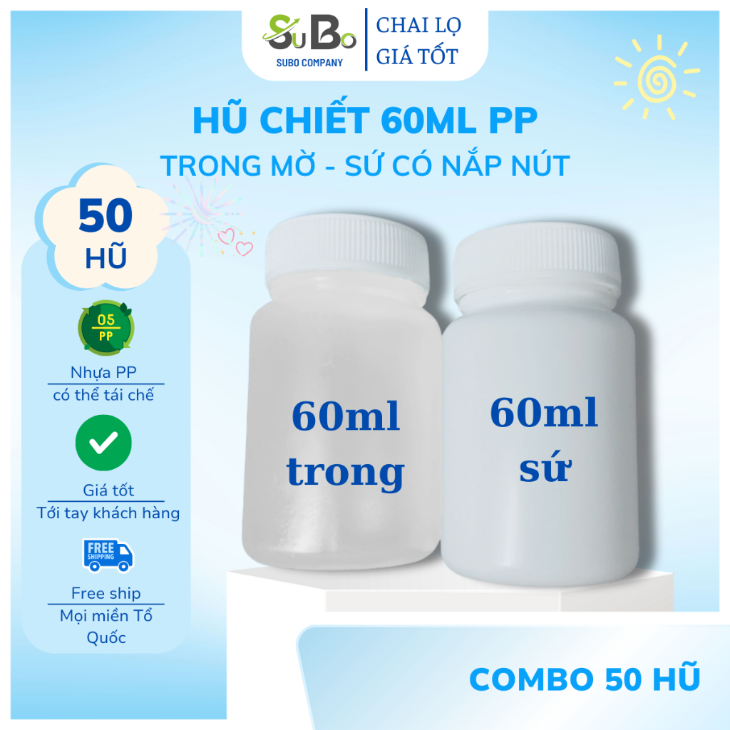 Hũ nhựa có nắp 60ml (50 Hũ), lọ nhựa trong suốt 60ml, hũ chiết mỹ phẩm nắp vặn