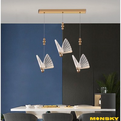 Bộ đèn thả MONSKY BUMA 3 đèn trang trí cao cấp Mika tán quang, kim loại mạ tĩnh điện 3 màu ánh sáng