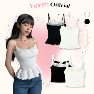 Áo kiểu hai dây croptop VGIRL viền ren đính nơ chất len gân dày đẹp