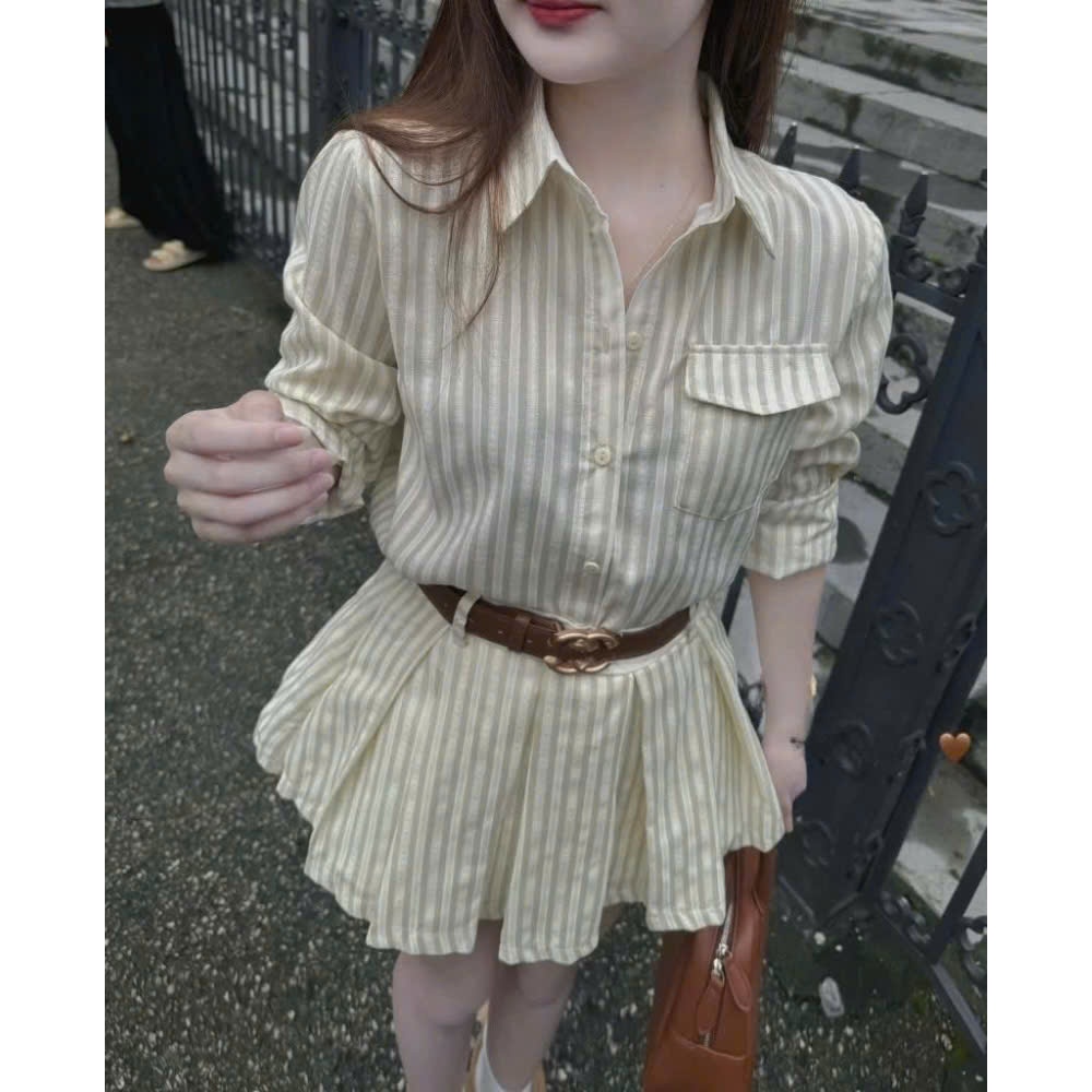 Sét Áo Sơ Mi Kẻ Sọc Mix Chân váy Ngắn Xếp Ly Dáng Jum Liền Thân KÈM ĐAI Thời Trang Hàn Quốc | BigBuy360 - bigbuy360.vn
