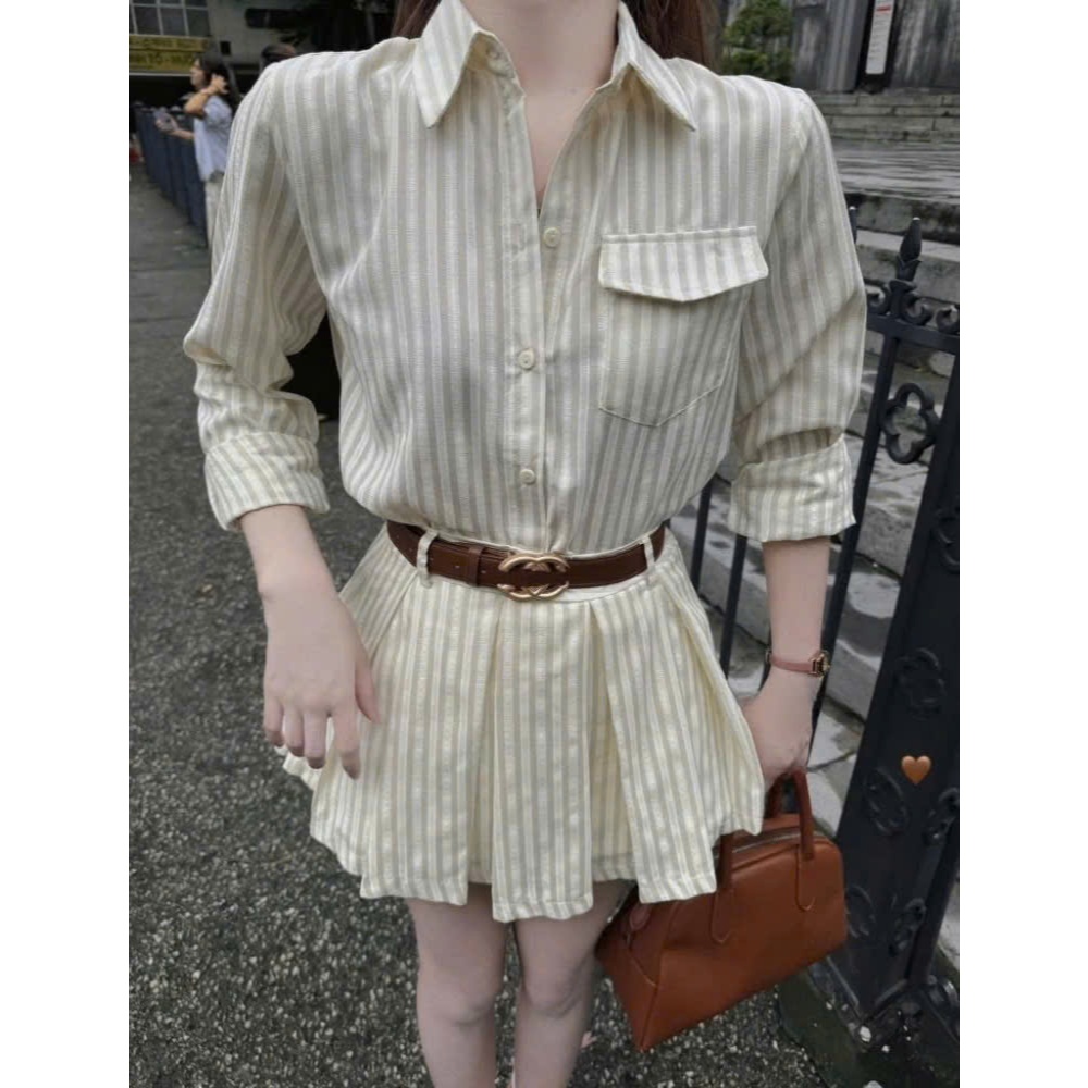 Sét Áo Sơ Mi Kẻ Sọc Mix Chân váy Ngắn Xếp Ly Dáng Jum Liền Thân KÈM ĐAI Thời Trang Hàn Quốc | BigBuy360 - bigbuy360.vn