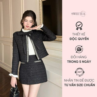 Set áo tweed kim sa đen thu đông phối nơ và chân váy sang chảnh Jolie Set - SWEETEA