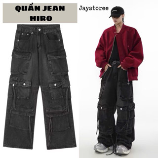 QUẦN JEAN HIRO - Cargo Jeans - Quần jeans túi hộp phối dây form rộng vải washed màu xanh wàng. Unisex nam nữ Jaystoree.