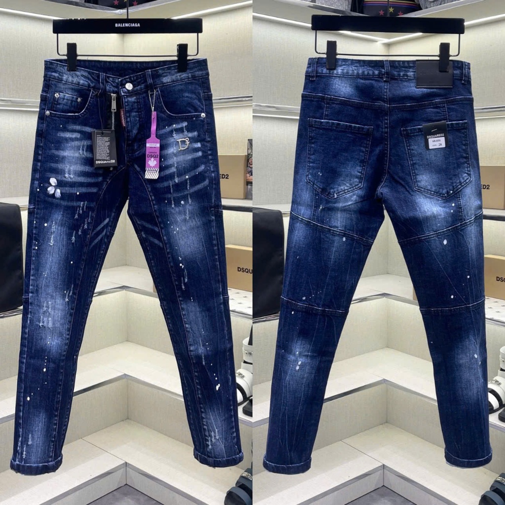 Quần jean bò nam PB biker slimfit xanh bạc trơn nhăn 3D cào xước vảy sơn tag logo D2 khoá lệch QJ692
