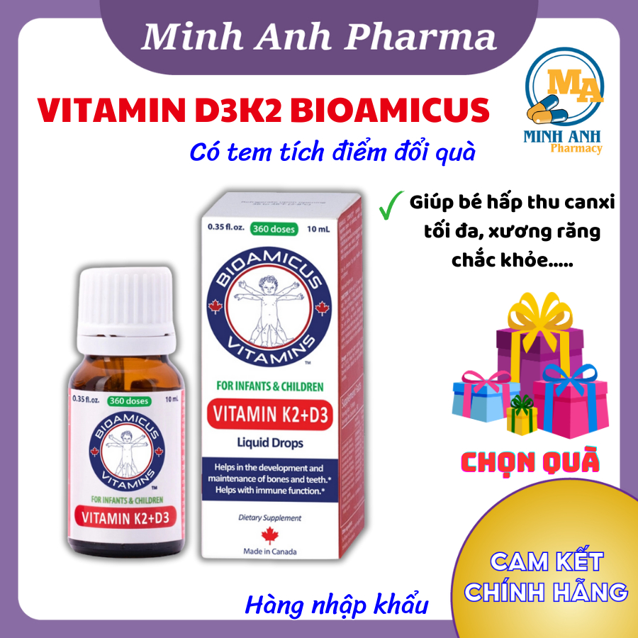 [Chọn quà tặng] Bioamicus Vitamin D3K2 MK7 giúp bé tăng chiều cao tối đa 10ml - Nhập khẩu chính hãng