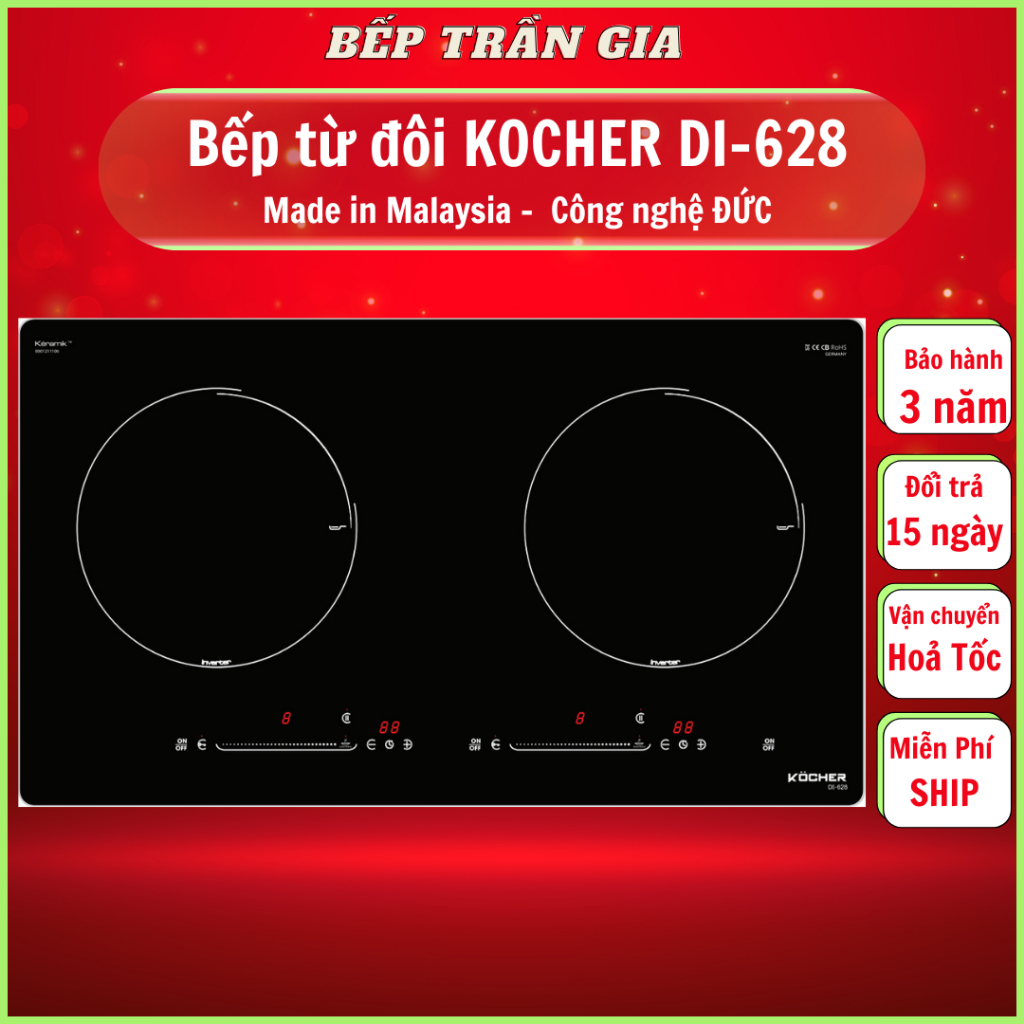 Bếp từ đôi Kocher DI 628 | Bếp điện từ Nhập khẩu Malaysia | Bảo hành 3 năm trên toàn quốc