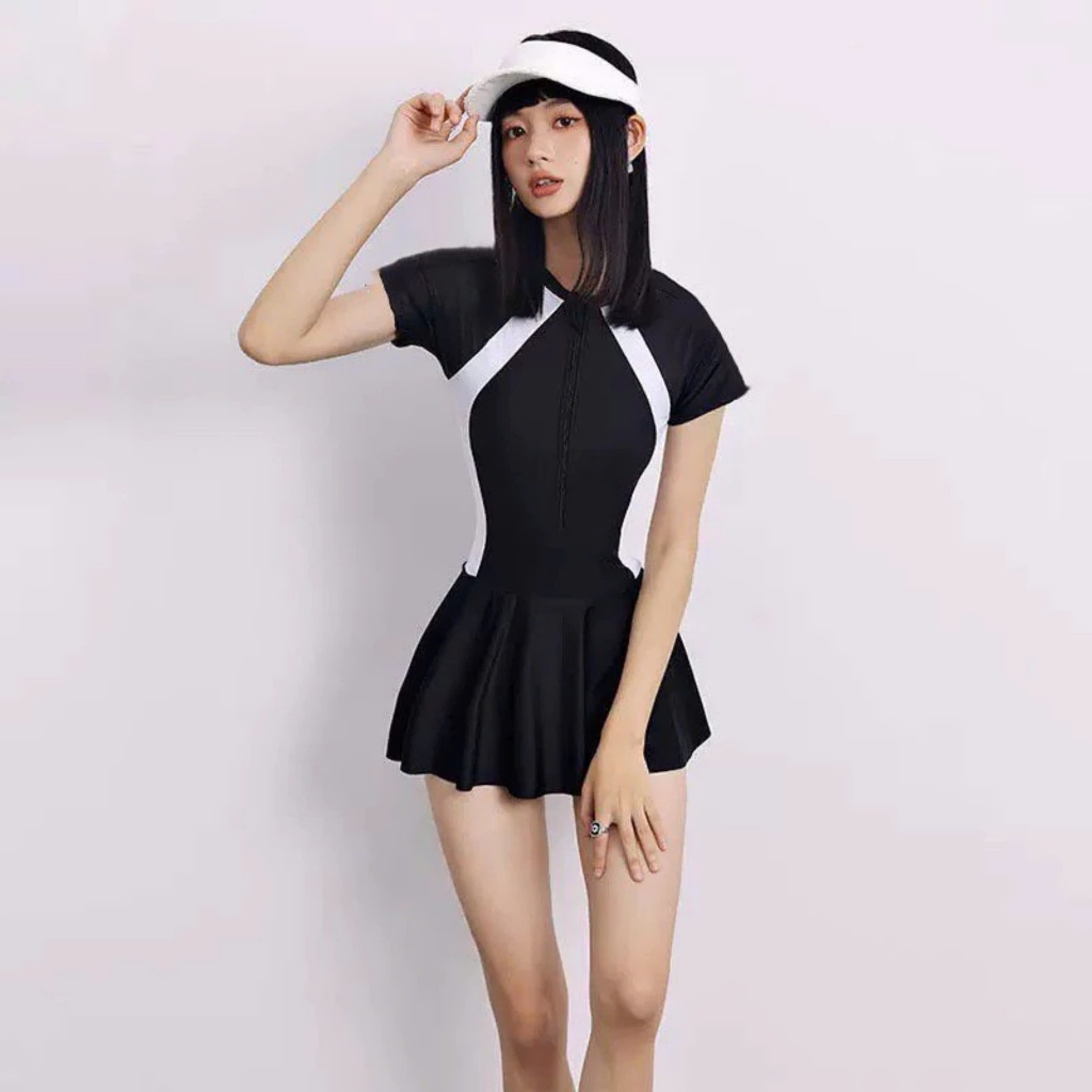 Đồ bơi nữ kín đáo bikini liền thân váy xòe có quần bảo hộ áo khóa kéo màu đen phối xám tay dài ngắn The Sea 010 | BigBuy360 - bigbuy360.vn