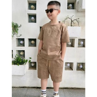    20-50 kg  Bộ Quần Áo Cộc Thể Thao Cho Bé Chất Liệu Da Lộn Cao Cấp Chũ Dập Nổi 3D Lịch Sự   huybeofashion   Chạy Bộ Sp 