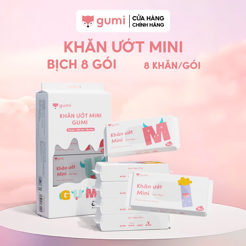 Hộp 20 gói Khăn giấy ướt Gumi Mini tiện lợi, mềm mại và thoải mái, an toàn cho làn da của bé