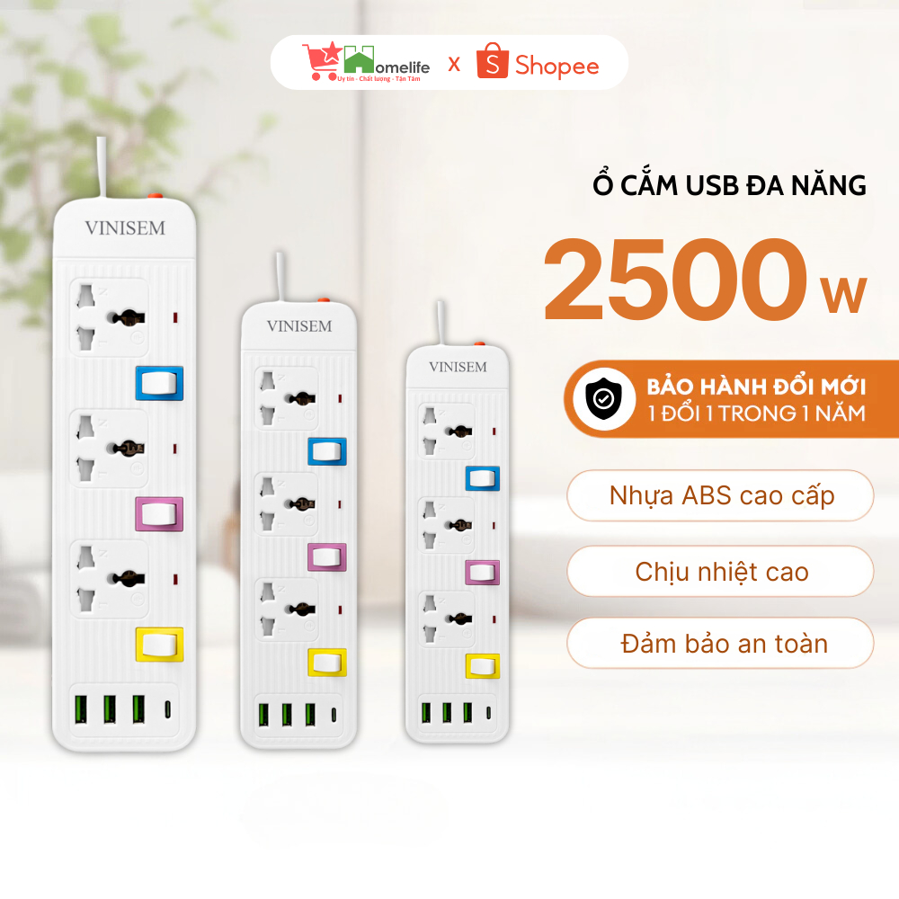 Ổ Cắm Điện, Ổ Điện USB Đa Năng Chịu Tải 2500W Dài 4m Cổng USB Có Chốt Bấm Chống Giật An Toàn, Có Khóa Bảo Vệ