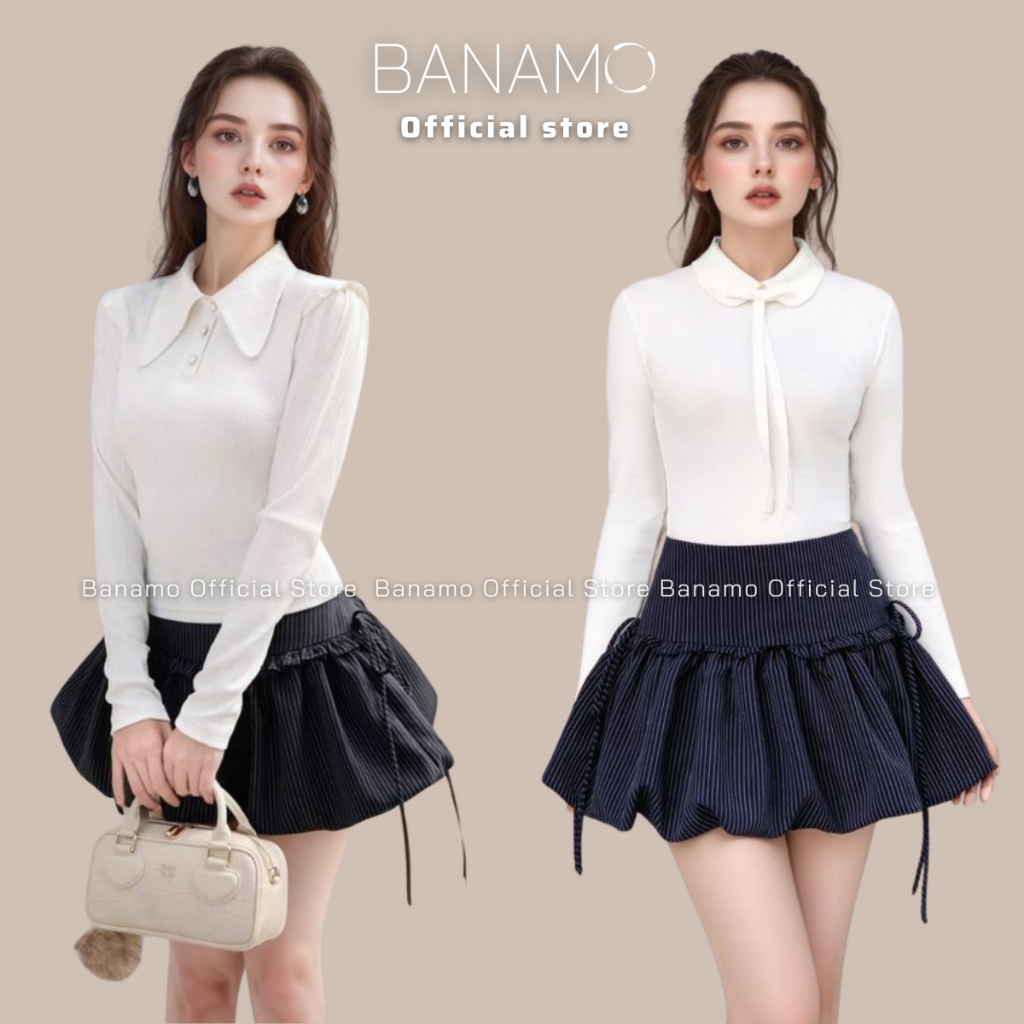 Chân váy nữ BIGSIZE Banamo Fashion chân váy bí kẻ nhỏ buộc nơ 2 bên có khoá kéo bên hông phong cách tiểu thư 5936 | BigBuy360 - bigbuy360.vn