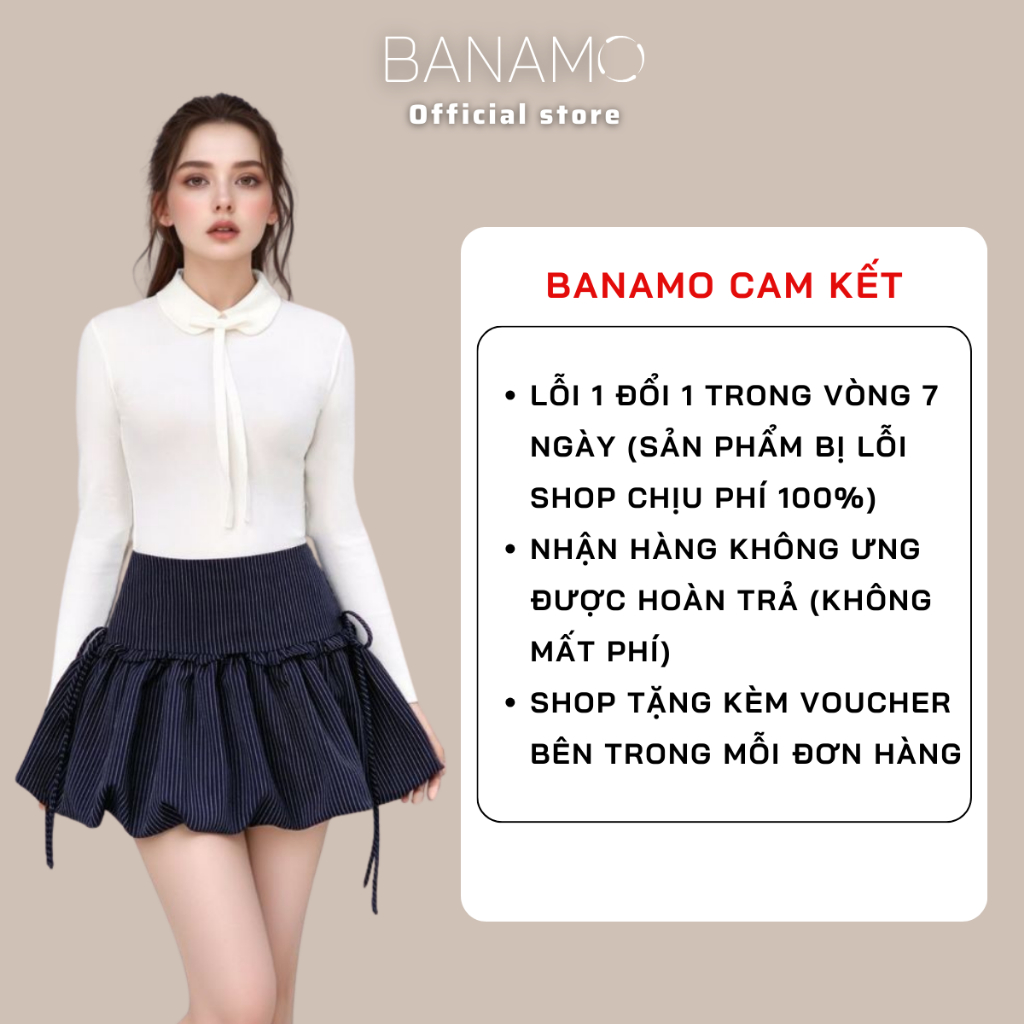 Chân váy nữ BIGSIZE Banamo Fashion chân váy bí kẻ nhỏ buộc nơ 2 bên có khoá kéo bên hông phong cách tiểu thư 5936 | BigBuy360 - bigbuy360.vn