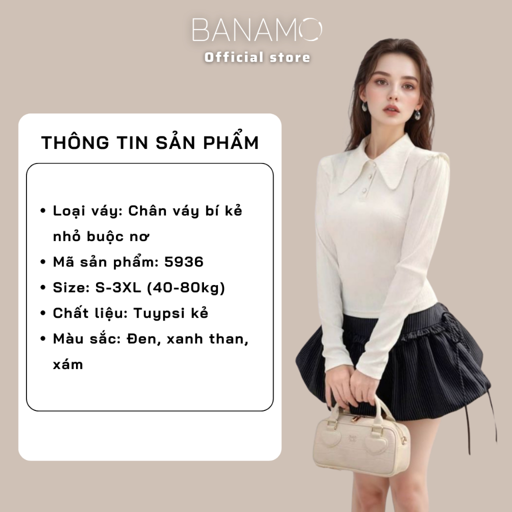Chân váy nữ BIGSIZE Banamo Fashion chân váy bí kẻ nhỏ buộc nơ 2 bên có khoá kéo bên hông phong cách tiểu thư 5936 | BigBuy360 - bigbuy360.vn