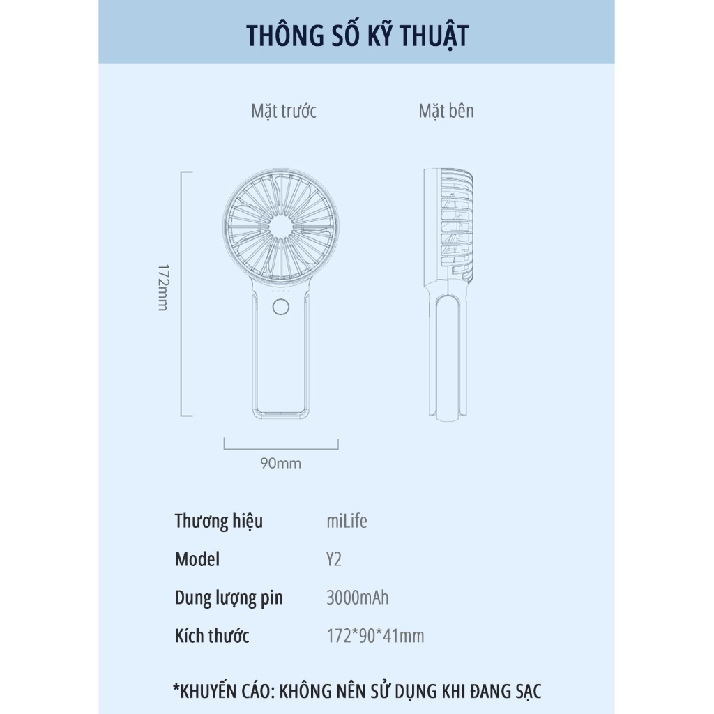 Quạt cầm tay milife Y2 pin 12 tiếng, Cánh quạt 7 cánh, 3 tốc độ tùy chỉnh | BigBuy360 - bigbuy360.vn