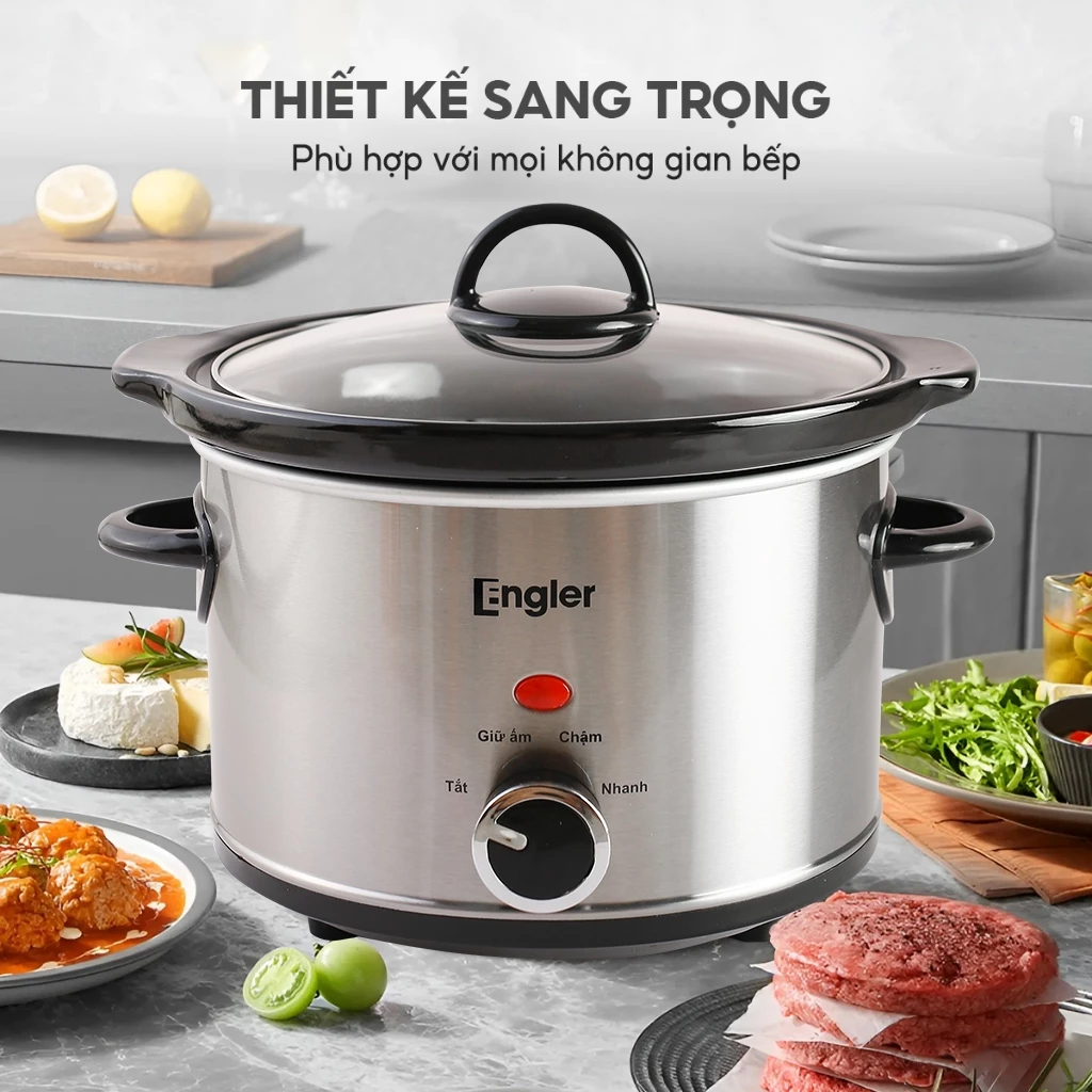 Nồi tiềm, nồi nấu chậm Engler EL9116 2.5L, lòng sứ Ceramic, hầm, nấu cháo, kho cá, chống tràn
