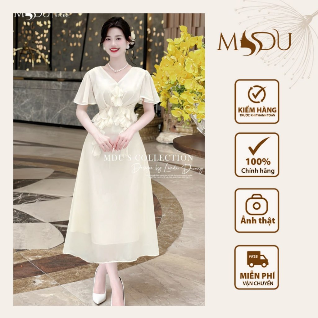 Váy Tơ Hàn MDU4274 Họa Tiết Hoa Nổi Tỉ Mỉ Gam Màu Be Sang Chảnh Từ MDU K35-D3-3