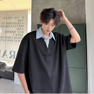 Áo Polo Nam Cổ Sơ Mi Kẻ Sọc Tay Lỡ Form Rộng, Áo Thun Unisex Cổ V Chất Thun Cotton Dày Dặn Phong Cách Hàn Quốc