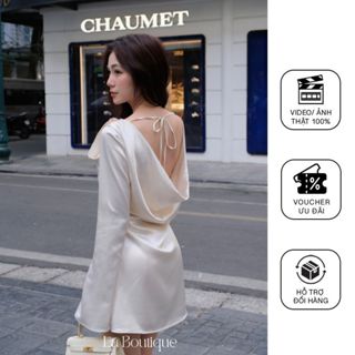 Đầm Lụa Dự Tiệc Dáng Chữ A Tay Dài Hở Lưng La Boutique Ngắn Chất Lụa Ánh Nhũ-D017