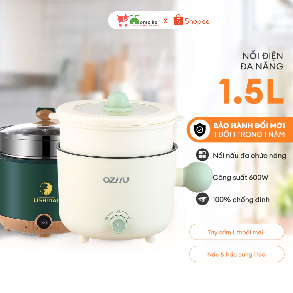 Nồi Lẩu Điện Mini, Nấu Mì 2 Tầng Kèm Giá Hấp Đa Năng, Nướng, Luộc, Chiên, Chống Dính Vấn Đá Tiện Lợi, Ca Nấu Mì Mẫu Mới