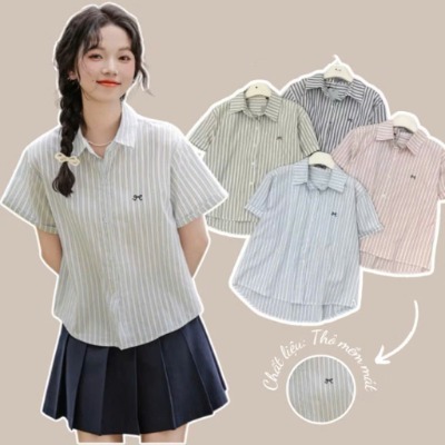Áo Sơ Mi Kẻ Nữ Ngắn Tay Thêu Nơ Dáng Lửng Form Rộng Trẻ Trung Chất Liệu Thô Kẻ Mềm Mát - Ceci.studio