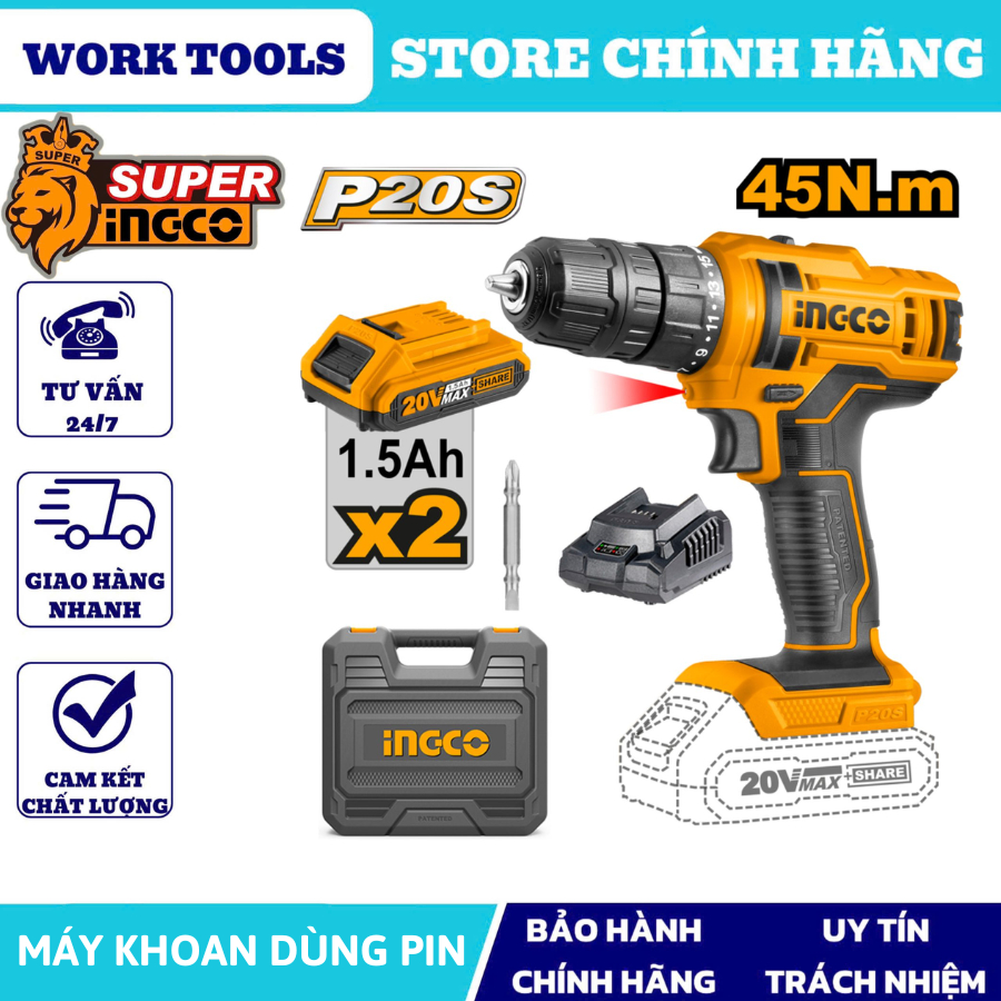 Máy khoan dùng pin Lithium 20V Ingco CDLI20028 - Kèm 2 Pin 1.5Ah và Sạc