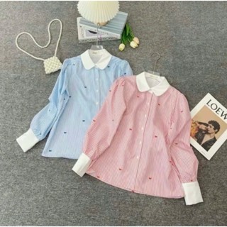 Áo sơ mi công sở nữ, áo sơ mi kẻ in nơ phối cổ sen tay bồng