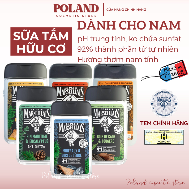 Sữa Tắm Gội Nam Hữu Cơ 92% Le Petit Marseillais Pháp 250ml 4in1 Với Hương Thơm Nam Tính
