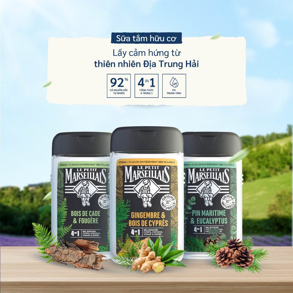 Sữa Tắm Gội Nam Hữu Cơ 92% Le Petit Marseillais Pháp 250ml 4in1 Với Hương Thơm Nam Tính