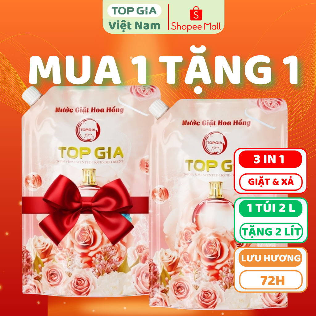 [MUA 2L TẶNG 2L] Nước giặt xả TopGia Hoa Hồng túi 2L dịu nhẹ an toàn cho da lưu hương 72h
