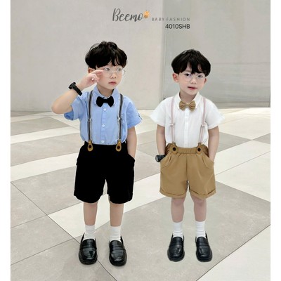 Set bộ sơ mi Beemo cộc tay phối nơ cổ kèm đai  vải thô cho bé trai từ 9-24kg 4010SHB