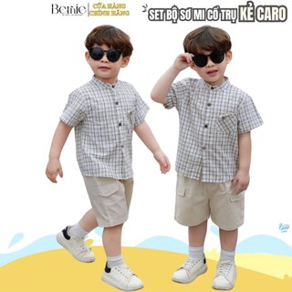  Set bộ sơ mi cổ trụ kẻ caro bé trai áo sơ mi cổ trụ phối túi kèm quần kaki 9đến 28kg BERNIE P1124B29 