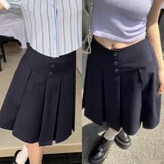   SẴN  Chân váy xếp ly dáng lỡ kết hợp 3 khuy màu xanh than thời trang nữ CV002 - Tiktik 