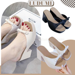 Dép đế xuồng nữ PU Quai nơ cao 8 phân LUDUMI-Dép nữ đế cao gót vuông siêu nhẹ hottrend QN06