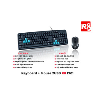 COMBO BÀN PHÍM VÀ CHUỘT CÓ DÂY (2 USB) R8 1901 MÀU ĐEN