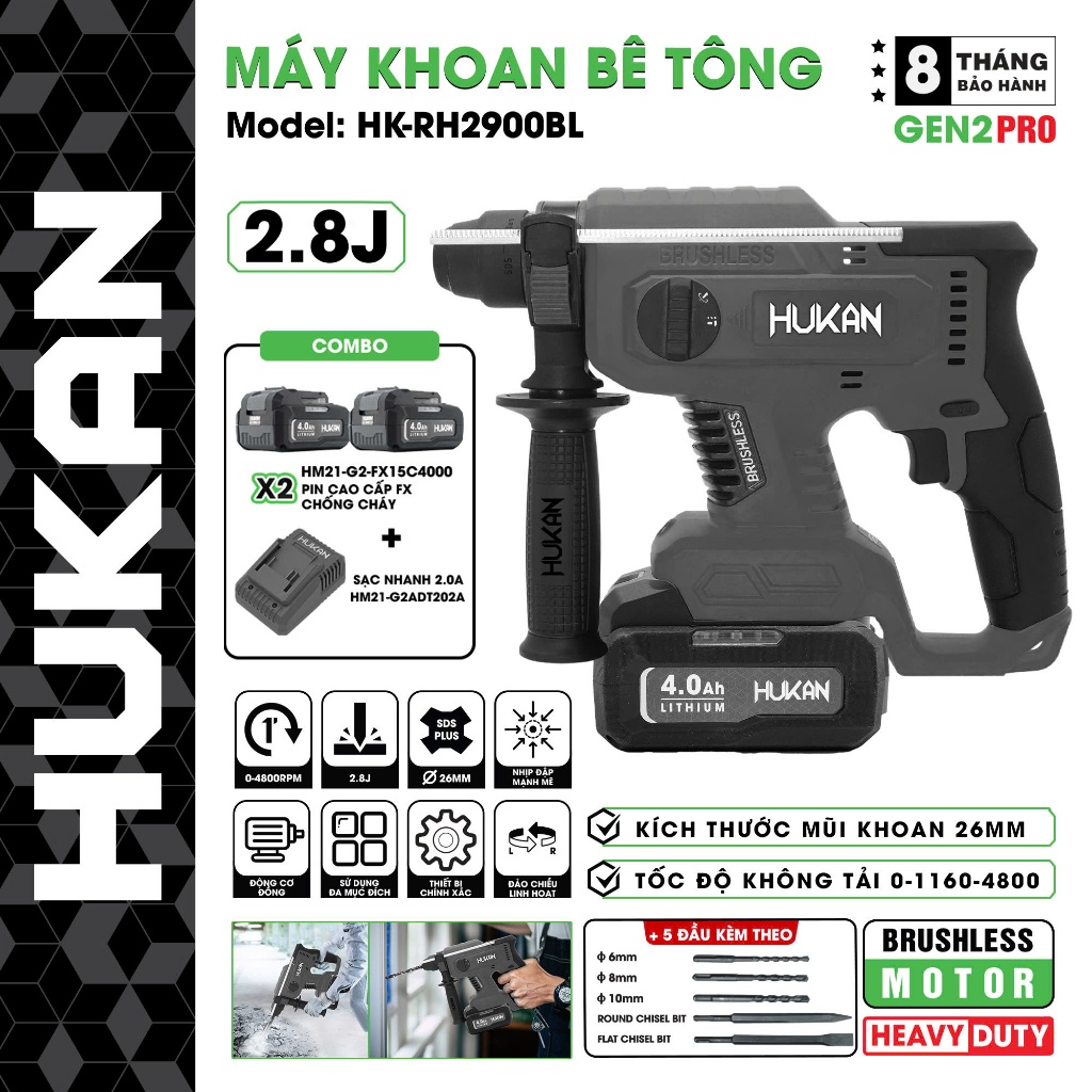 Máy khoan bê tông dùng pin 3 chức năng Gen 2 Pro HK-RH2900BL hukan chính hãng