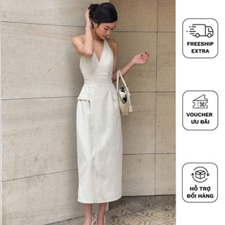 KIM | Đầm linen muối tiêu cổ yếm đắp chéo sẵn cúp cột nơ sau dáng midi nhẹ nhàng, quyến rũ
