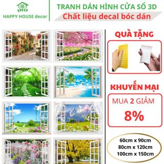  Tranh Dán Tường 3D Hình Cửa Sổ Phong Cảnh Chất Liệu Decal PP Bóc Dán Trang Trí Phòng Khách Ngủ 