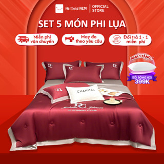 Bộ ga nệm 5 món Hệ Thống Nệm cao cấp Bộ set chăn ga drap grap phủ trải giường gối nệm đệm 5 món lụa thái mùa hè cao cấp