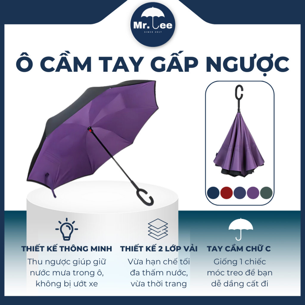 Ô Che Nắng Mưa Gấp Ngược Đi Ô Tô MR.LEE  Thiết Kế 2 Lớp Vải Cán Chữ C Tiện Lợi Chống UV Chống Thấm Tốt