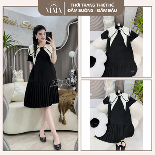 Váy bầu babydoll đuôi cá dập ly thời trang mùa hè ,đầm bầu dự tiệc sang chảnh cổ bèo vạt đính hoa nổi cách điệu